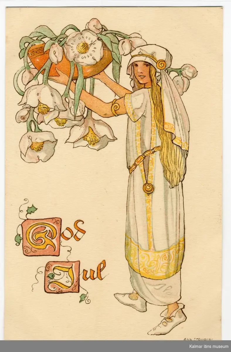 En flicka i långt blondt hår håller upp en stor skål med vita julrosor som hänger ner. Nere till vänster står God Jul med gula bokstäver.