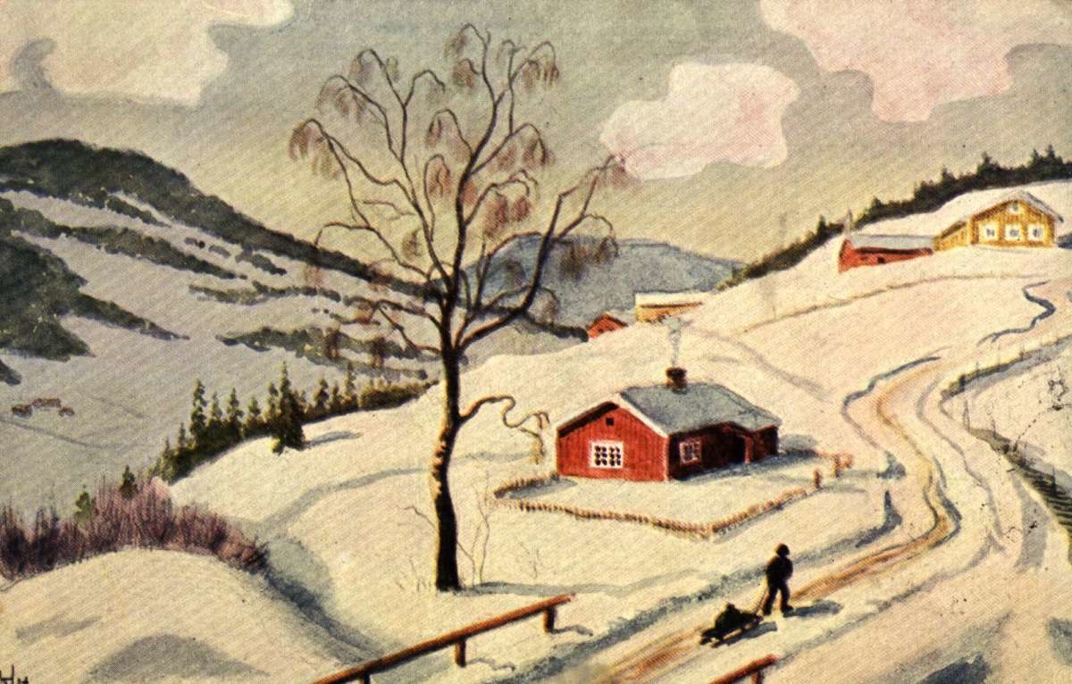 Postkort. Jule- og nyttårshilsen. Snødekt bygd med hus og gårder. Mann med kjelke. 22.12.1909.
