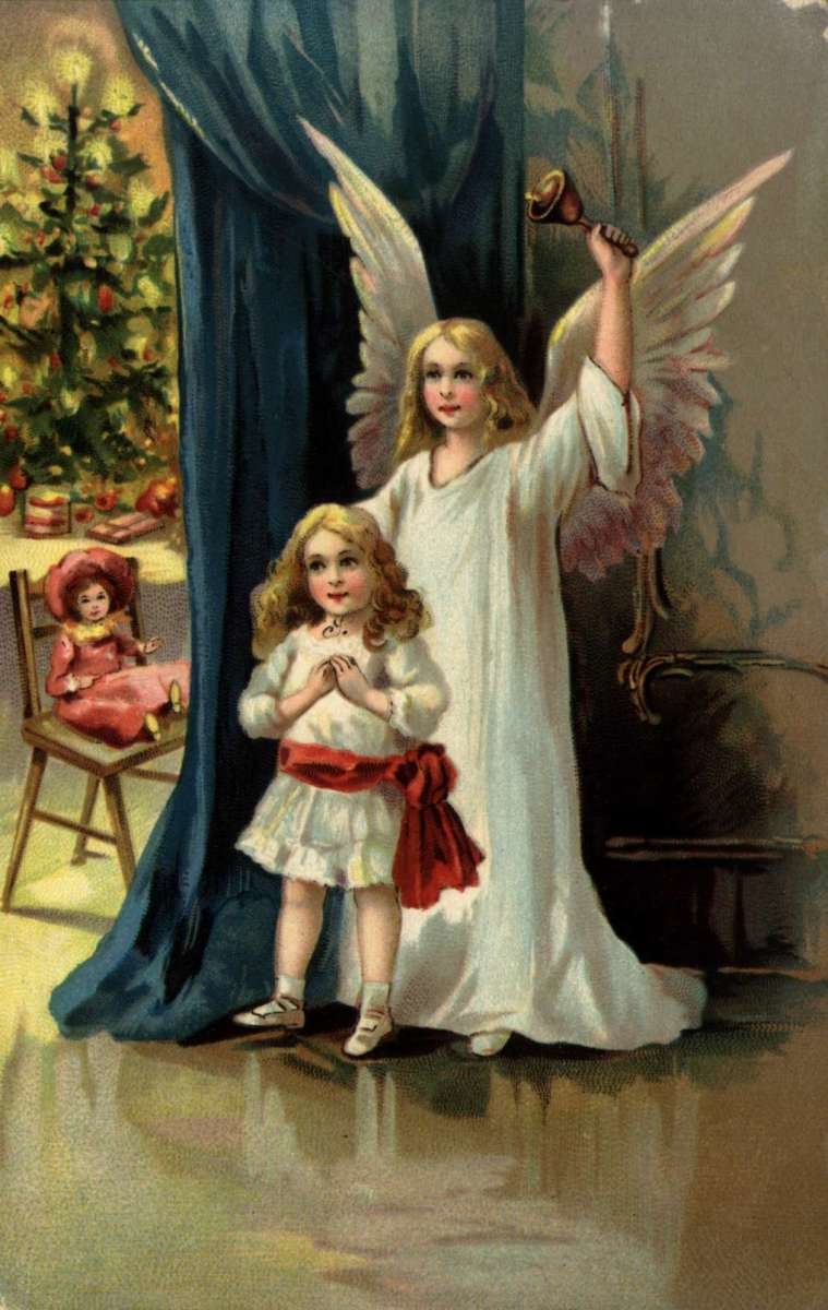 Julekort. Julehilsen. En engel og en liten pike står foran et forheng. I bakgrunnen et med juletre. Stemplet 23.12.1914.