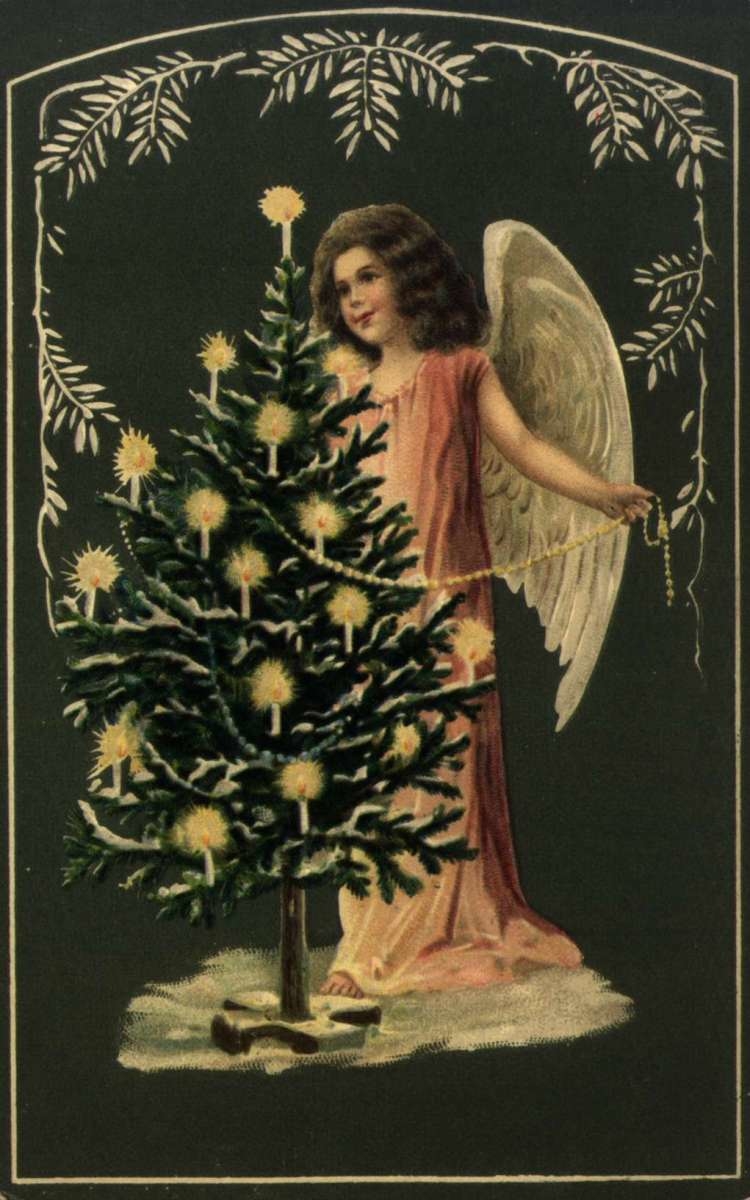 Julekort. Julehilsen. En engel pynter et juletre med lys. Poststemplet 22.12.1911.