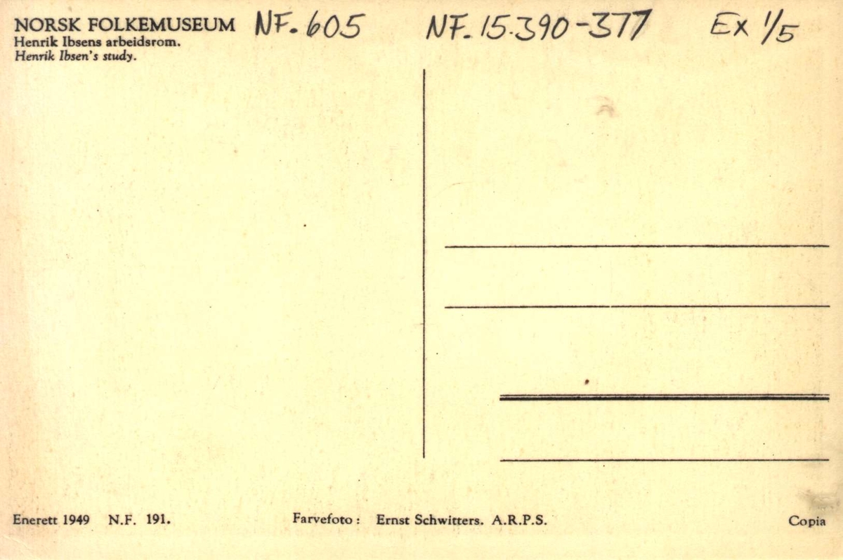 Postkort, Hnerik Ibsens arbeidsværelse. Utstilling NF.