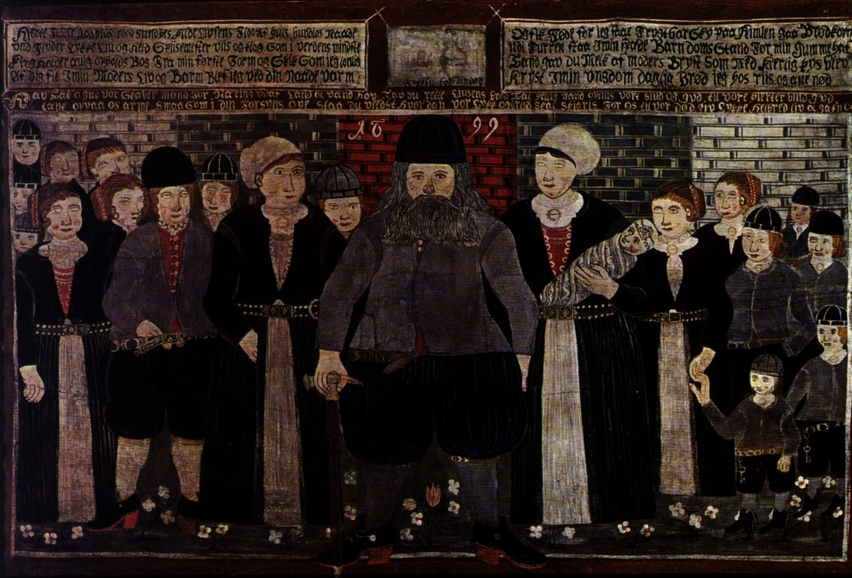 Postkort. Norsk Folkemuseum. Maleri fra 1699. Gol i Hallingdal. Bjørn Frøysaak med første og andre kone og barna.