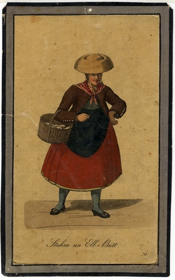Färglitografi.
Ung kvinna säljer småfisk i en korg.
Under bilden text:
"Stuhn un Elb-Bütt, 78".