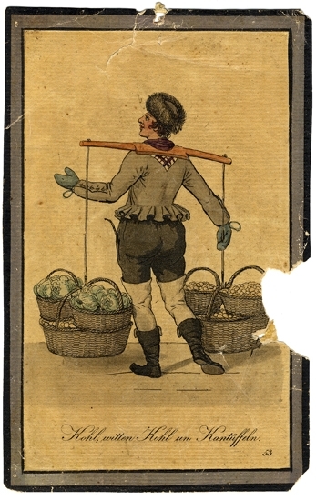 Färglitografi.
Kål- och potatisförsäljare, med vitkål m.m. i korgar.
Text under bilden:
"Kohl, witten Kohl un Kantüffeln, 53".