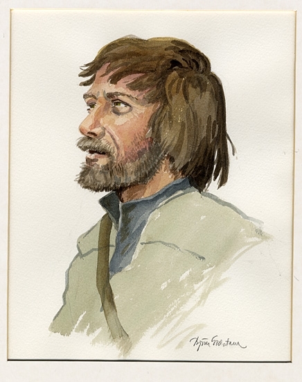 Akvarellmålning på papper.
Porträtt av en skäggig yngre man i enkla kläder. 
Porträtt av Nils Dacke (?).