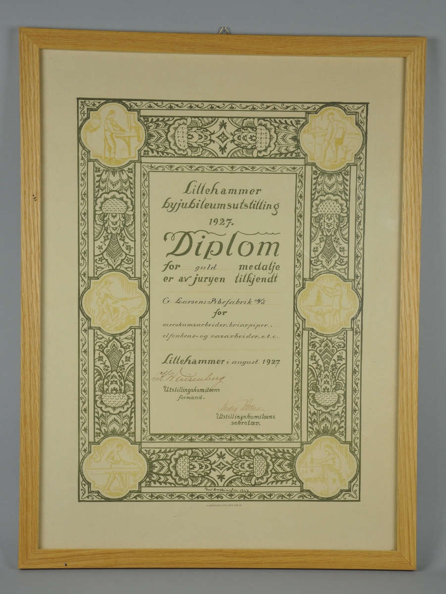 Trykk i trehvit ramme. Diplom fra Lillehammer, 1927.