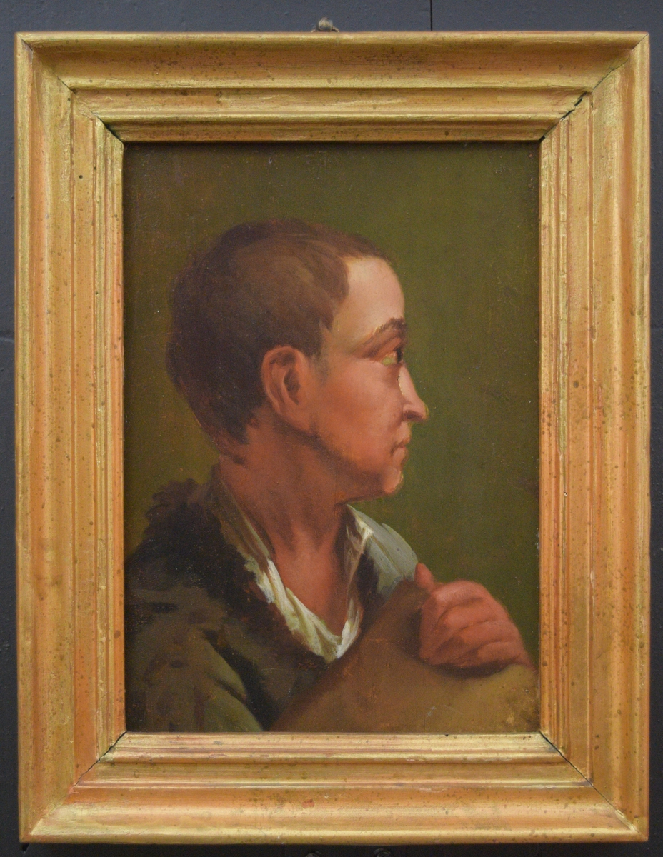 Bildet viser en ung mann som holder en flat gjenstand (bok eller en mappe?) opp mot brystet. Maleriet er trolig en oljeskisse til en større komposisjon.
