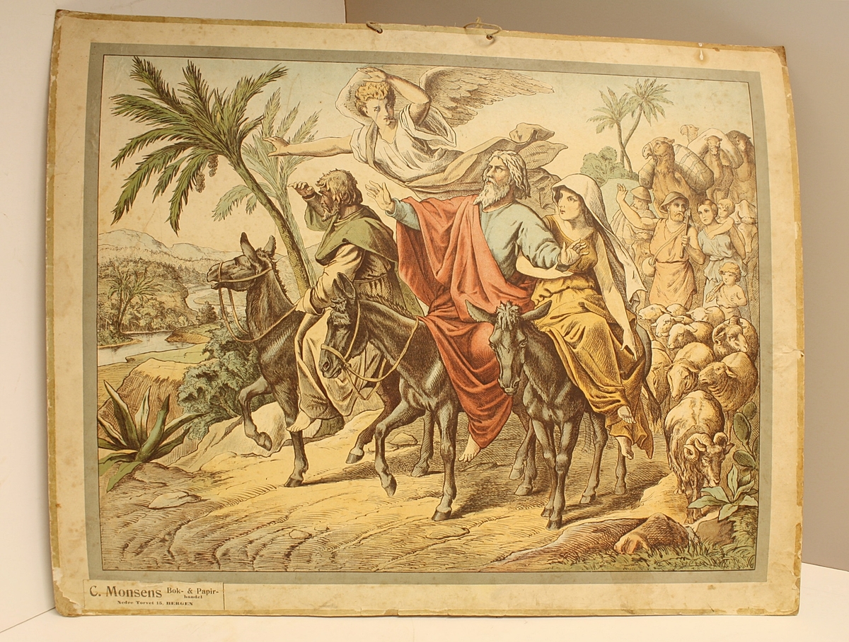 Rektangulær plakat. Menneskemengde. Esler, sauer og kameler. En engel. Moses ankommer det forgjette land.