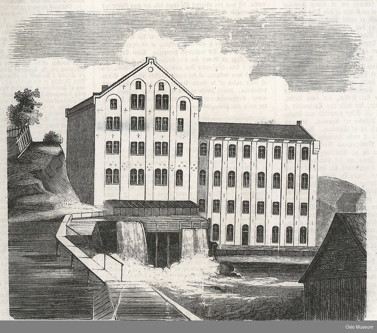 arkitektur, fabrikk, seilduksfabrikk, elv, foss, stryk, bru