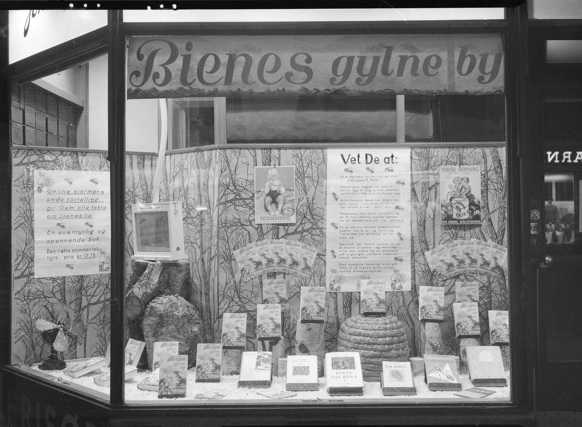 Utstillingsvindu hos bokhandler Johan Lyng med reklame for boka "Bienes gyldne by", av Frank Stanley Stuart