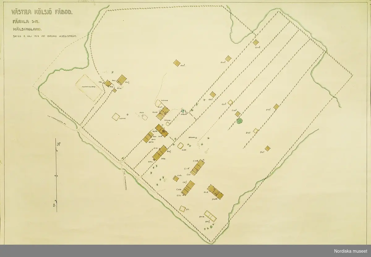 Karta över Västerklövsjö fäbod i Färila sn, Hälsingland, 1917. EU 2086 ...