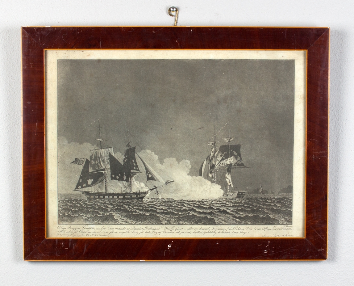 Trefning mellom britisk orlogsfartøy og den norske orlogsbriggen LOUGEN, to menn faller fra baugen på det britiske fartøyet.