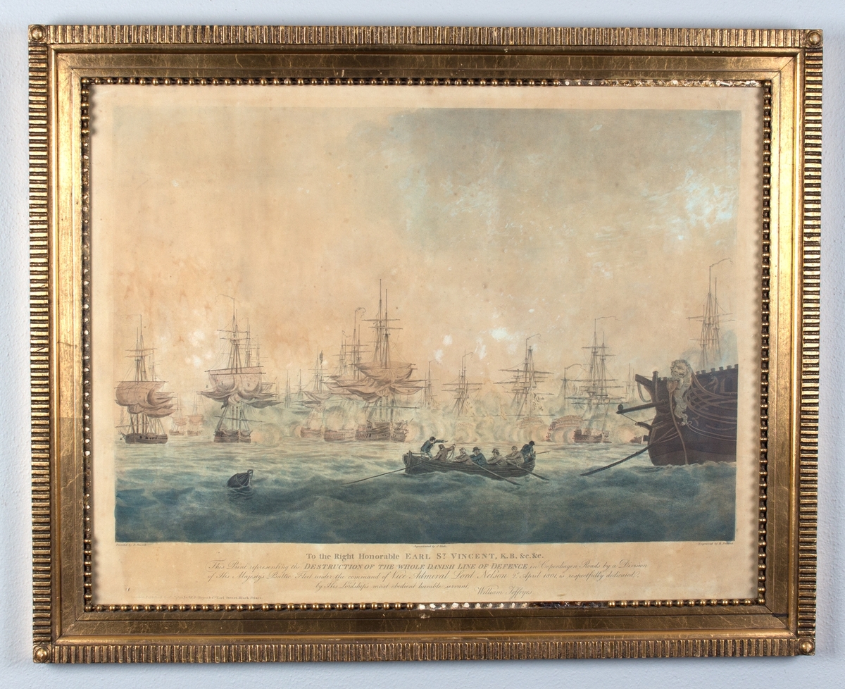 Trefninger mellom britiske og danske orlogsskip utenfor København i 1801. Midt i motivet en roslupp med syv mann ombord. Angrepet på Københavns red.