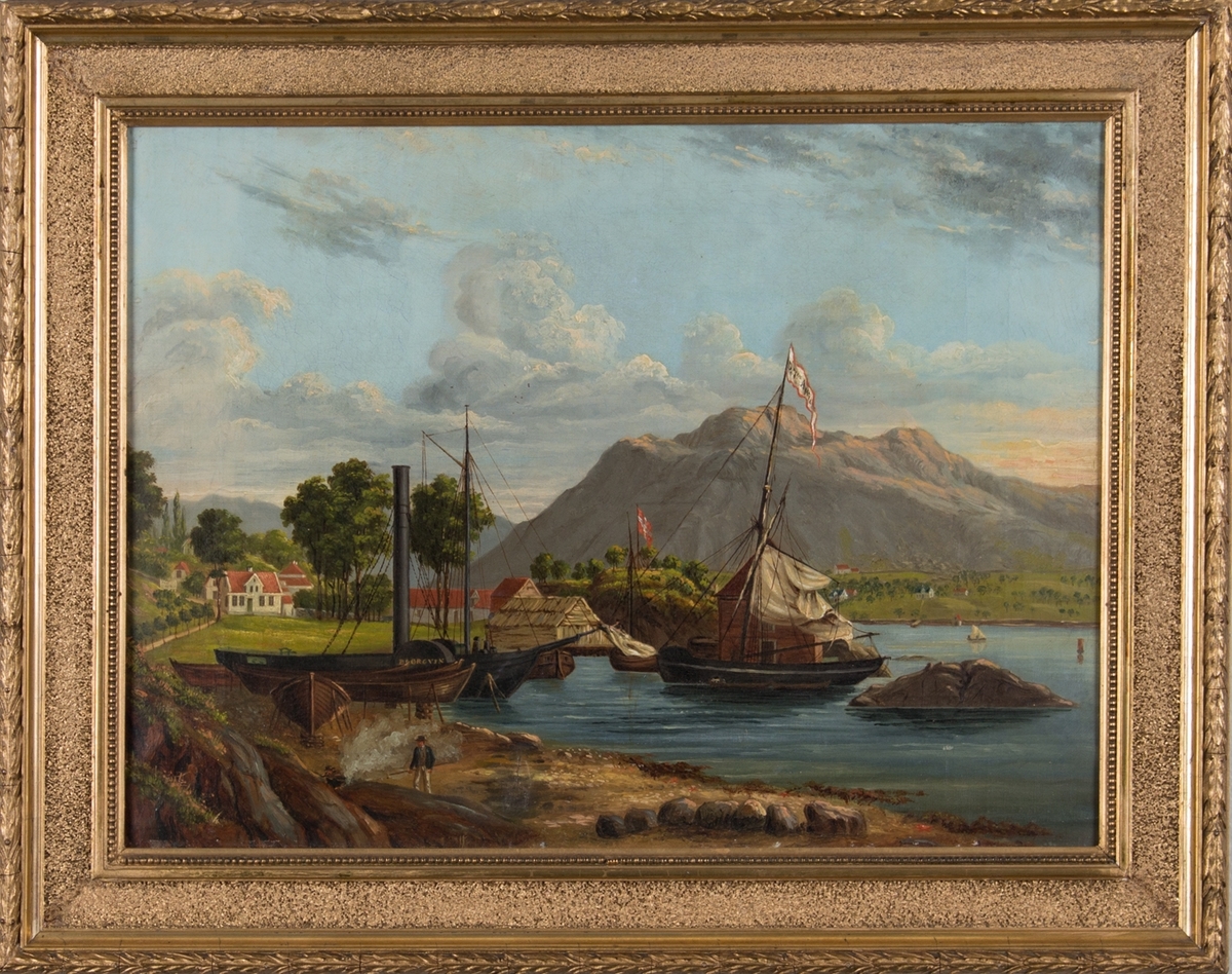Dokken i Bergen ca. 1840 med hjuldampskipet BJØRGVIN og en jakt liggende ved kai. Ser to menn på land som holder på med ett båt og trolig tjærebrenning av skrog av mindre fartøy som er landsatt.