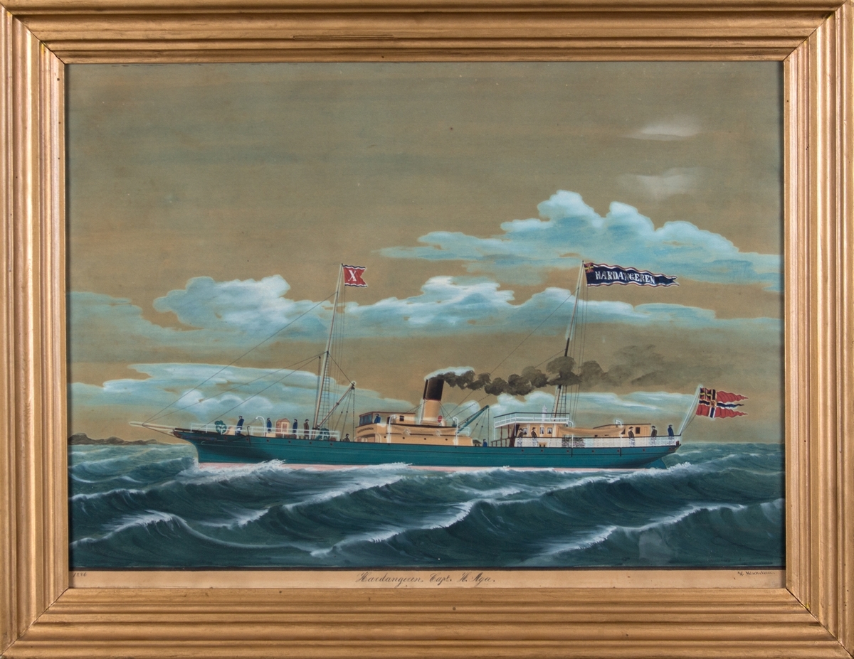 Skipsportrett av DS HARDANGEREN under fart med postflagg akter.