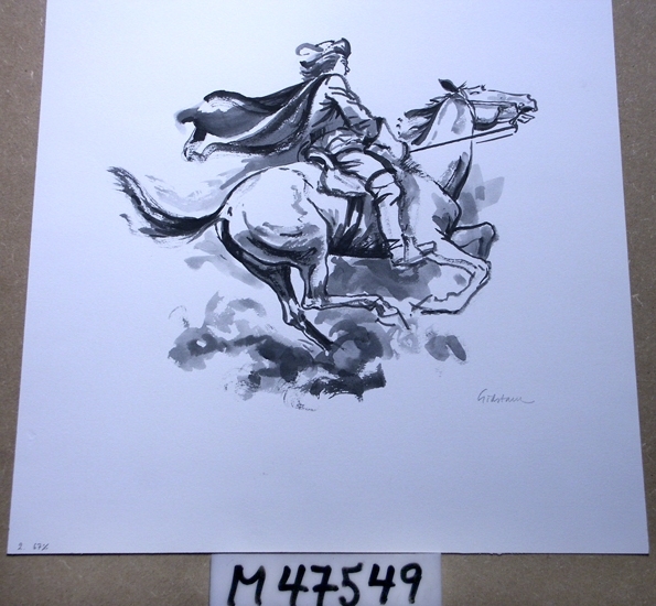Akvarellmålning.
Motivet föreställer en ryttare på en framspringande häst. 
Ryttaren är klädd i höga stövlar, livrock, kraghandskar, cape och 
mössa med fjäder.