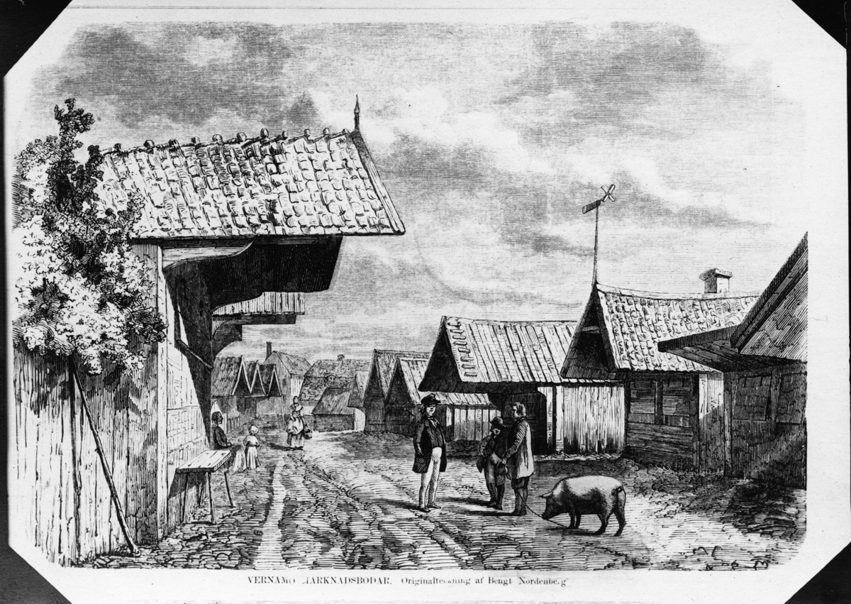 Marknadsbodar i Värnamo.Teckning av Bengt Nordenberg 1866.