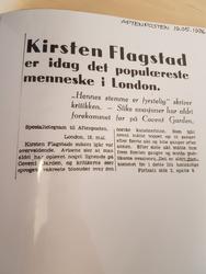 Avisartikkel om Kirsten Flagstads opptreden i Covent Garden i London. Datert 19. mai 1936. Kirsten Flagstad er i dag det populæreste menneske i London.
