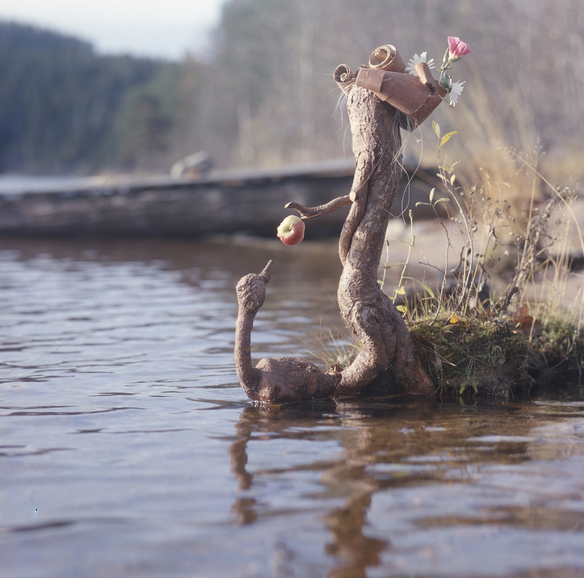 Trätrollet Skrälla Skrälle pyntad med blommor står nere vid vattnet och matar en träfågel med ett äpple.