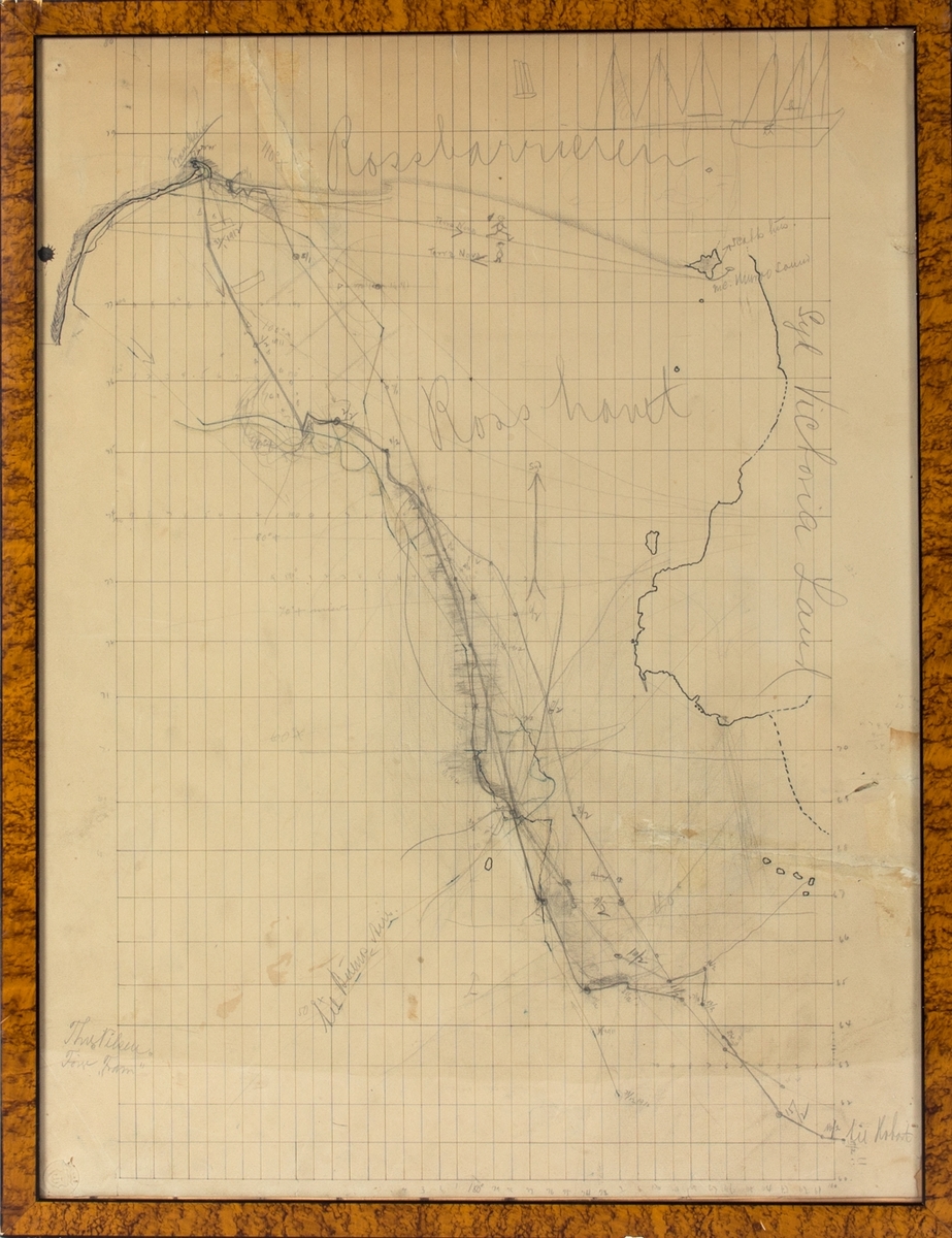 Kart over Rosshavet, konstruert og nyttet ombord i polarskipet FRAM under seilas til og fra Framheim i tiden 1.12.1910-17.2.1911. Tegnet og signert av skipets fører kapt. Thv. Nilsen.