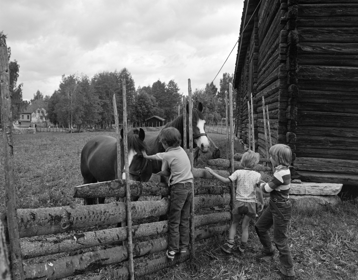 Norske Melkeprodusenters Landsforbund, NML 100 år 1881-1981. Jubileumsutstilling,"Liv i stuene", hester,barn, skigard.