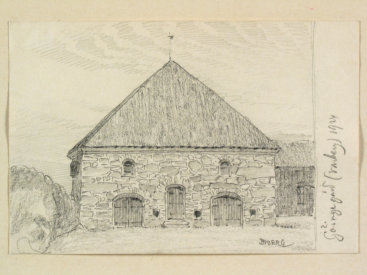 Halland, Himle hd., Lindbergs sn. Göingegården, magasin. Teckning av Ferdinand Boberg.