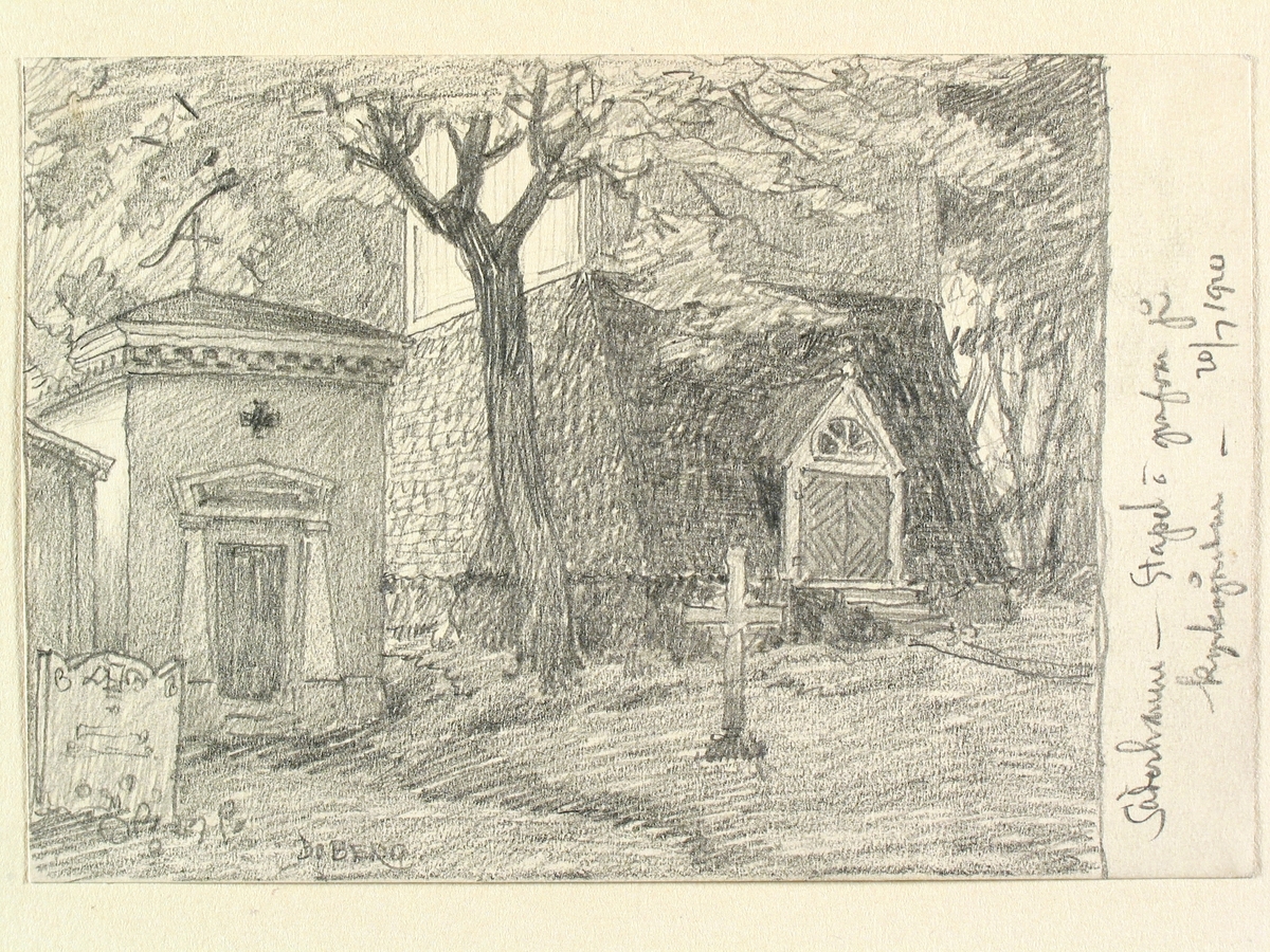 Söderhamn, Hälsingland. Stapel och gravar på kyrkogården. Teckning av Ferdinand Boberg