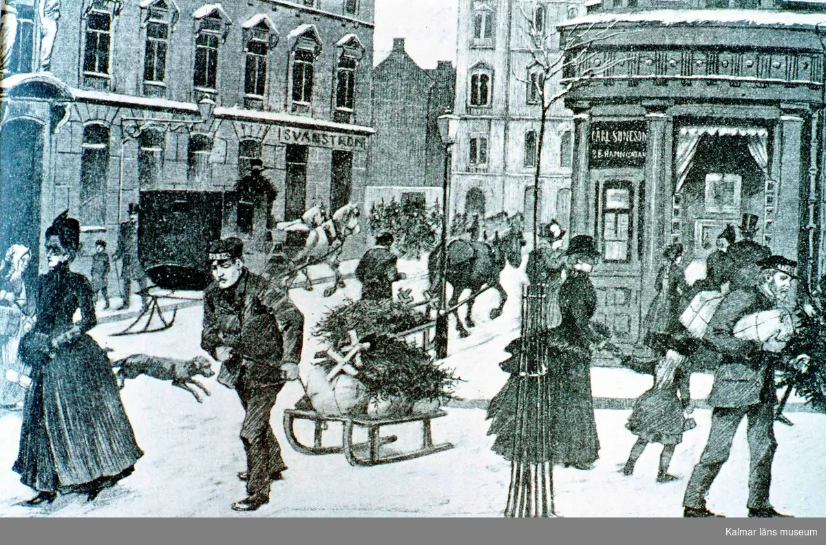 Julmarknad, teckning av Jenny Nyström.