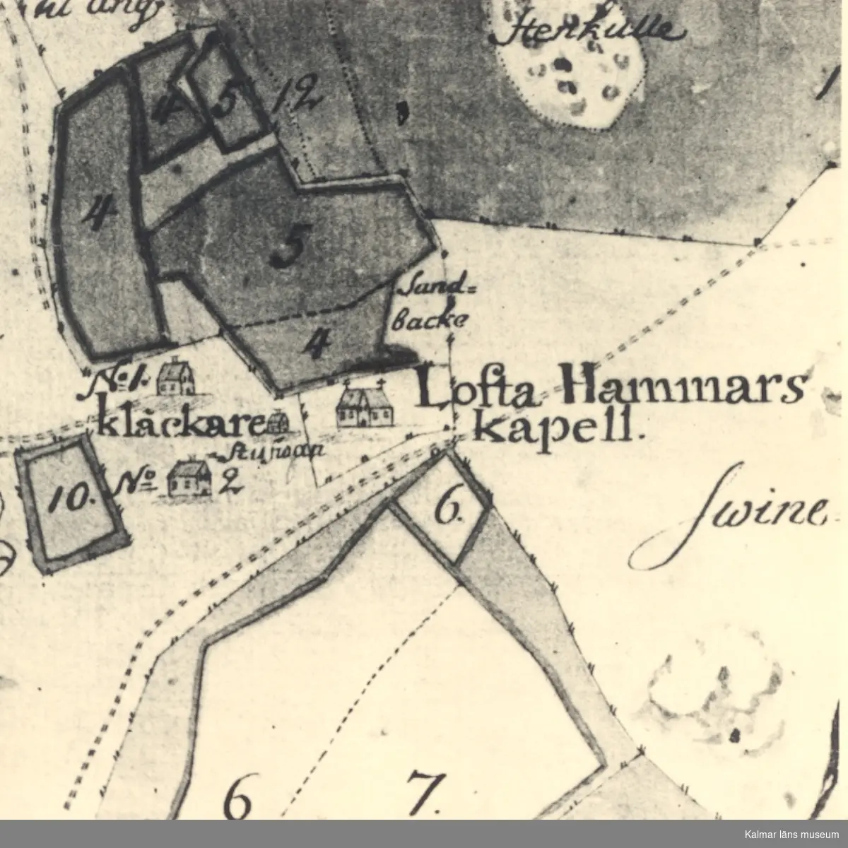 Utsnitt av karta som visar Loftahammars kapell och klockarboställe.