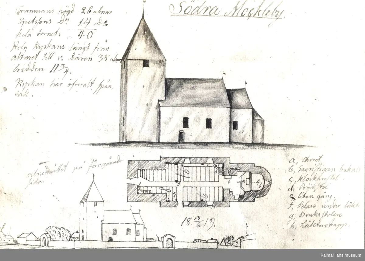 Teckning av Södra Möckleby kyrka 1819.