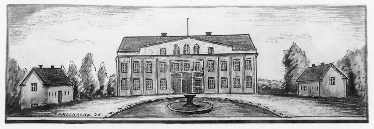 Teckning av Erik Lehmann till tidningsvinjett av Ankarsrums herrgård riven 1905. Endast flyglarna stå kvar (1926).