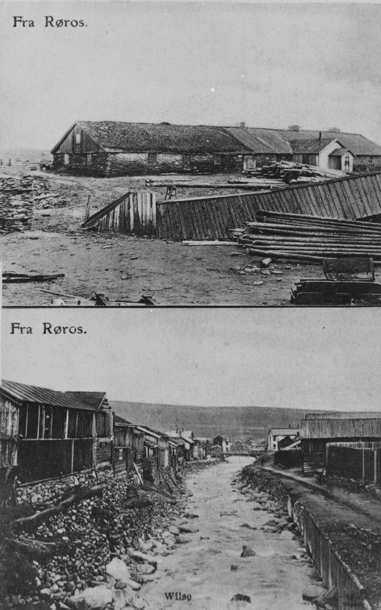 Postkort fra Røros med to bilder: Øverst av mannskapsbrakka på Storwartz, nederst Hitterelva sett fra nordøst