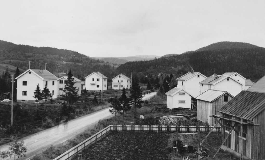 Olderskog ca. 1954. Riksvei 50 (senere Vefsnvegen). Mosåsen i bakgrunnen til høyre. Bildet er antakelig tatt fra et vindu i gavlen på "Fridheimbutikken".