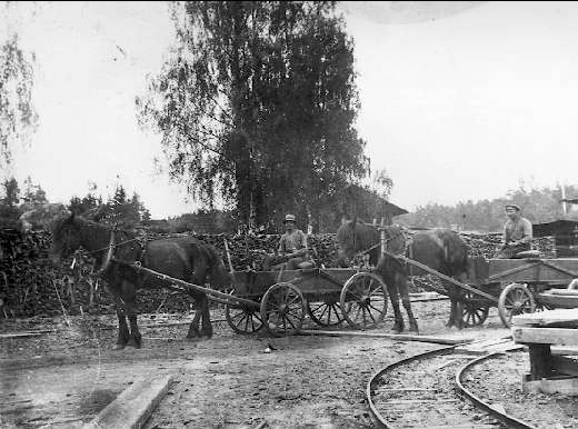 Bölets gruvor år 1918. Manganmalmen kördes med häst från gruvorna till järnvägen i Karlsborg. Mannen till vänster är Karl Gustafsson från klampabron, den andre är "Spjuta - Franz" Franz Karlsson från "Spjuta".