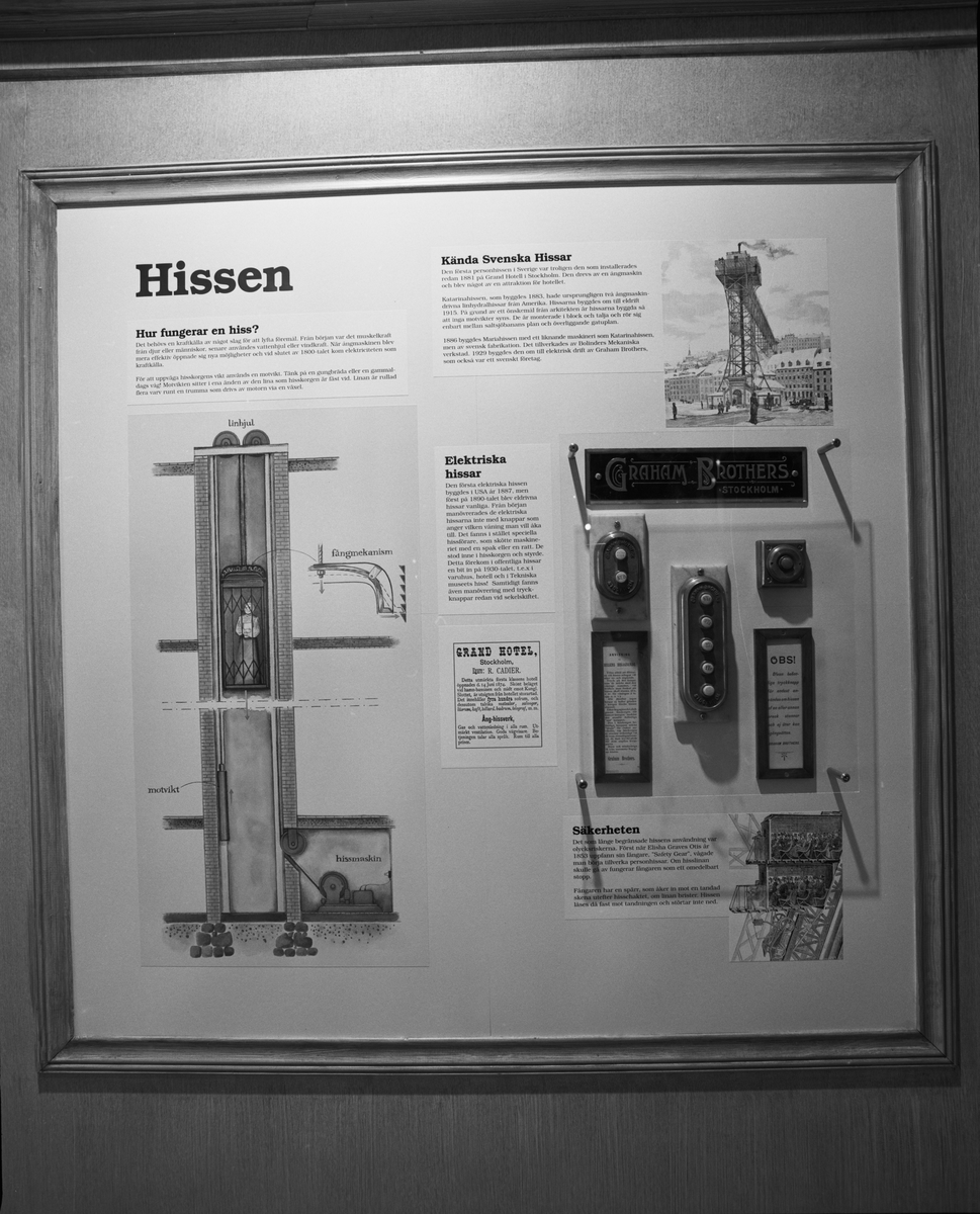 Dokumentation av utställningen "Teknikens under för 100 år sedan", Elkraftsmuseet. Illustration av hiss i text och bild.