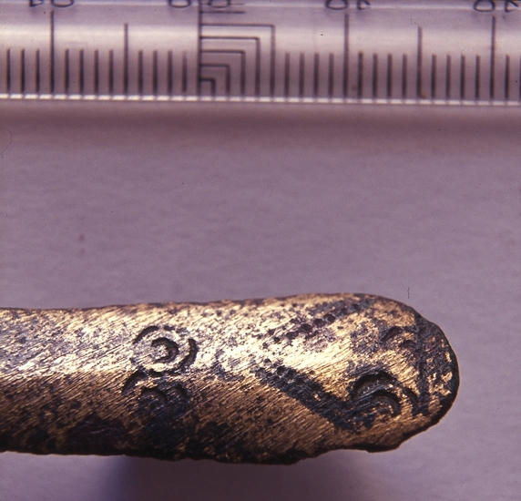 Detalj av fibula som hittats i Bolums sn.
Finns nu å Statens Historia Museum.