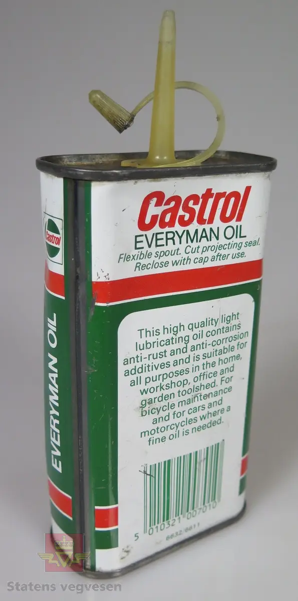 250 milliliters metallflaske med helletut av plast. Påskrift med informasjon om Castrol Everyman olje.
Hvit, rød og grønn.