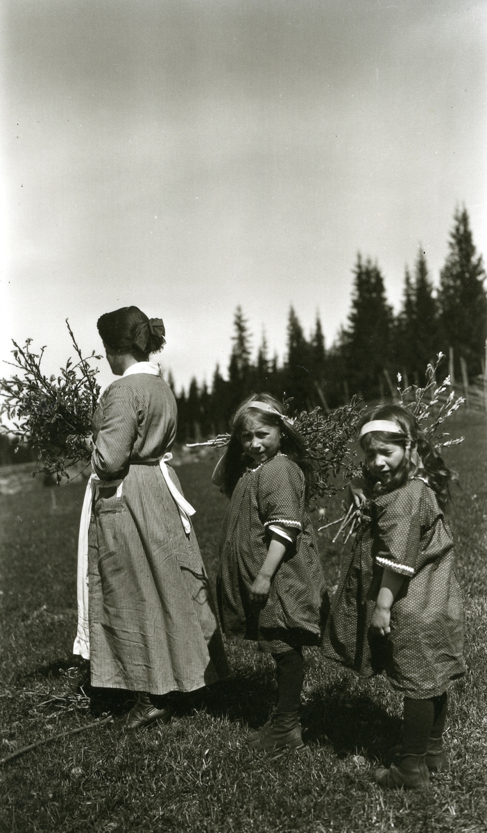 Kvinne og småpiker stående etter hverandre med seljekvister i hendene. I Galåsen.
Fra venstre: Oline Galaasen (1872 - 1944), Målfrid Galaasen g. Hauge (1914) og Ingebjørg Galaasen g. Buflod (1915 - 1999)