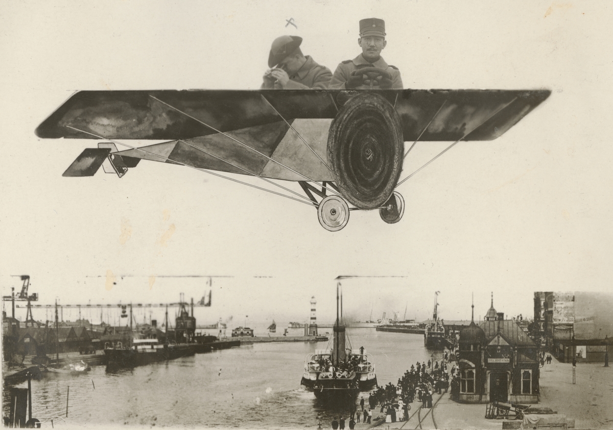 Bildmontage med två soldater som flyger över hamn med ett flygplan.