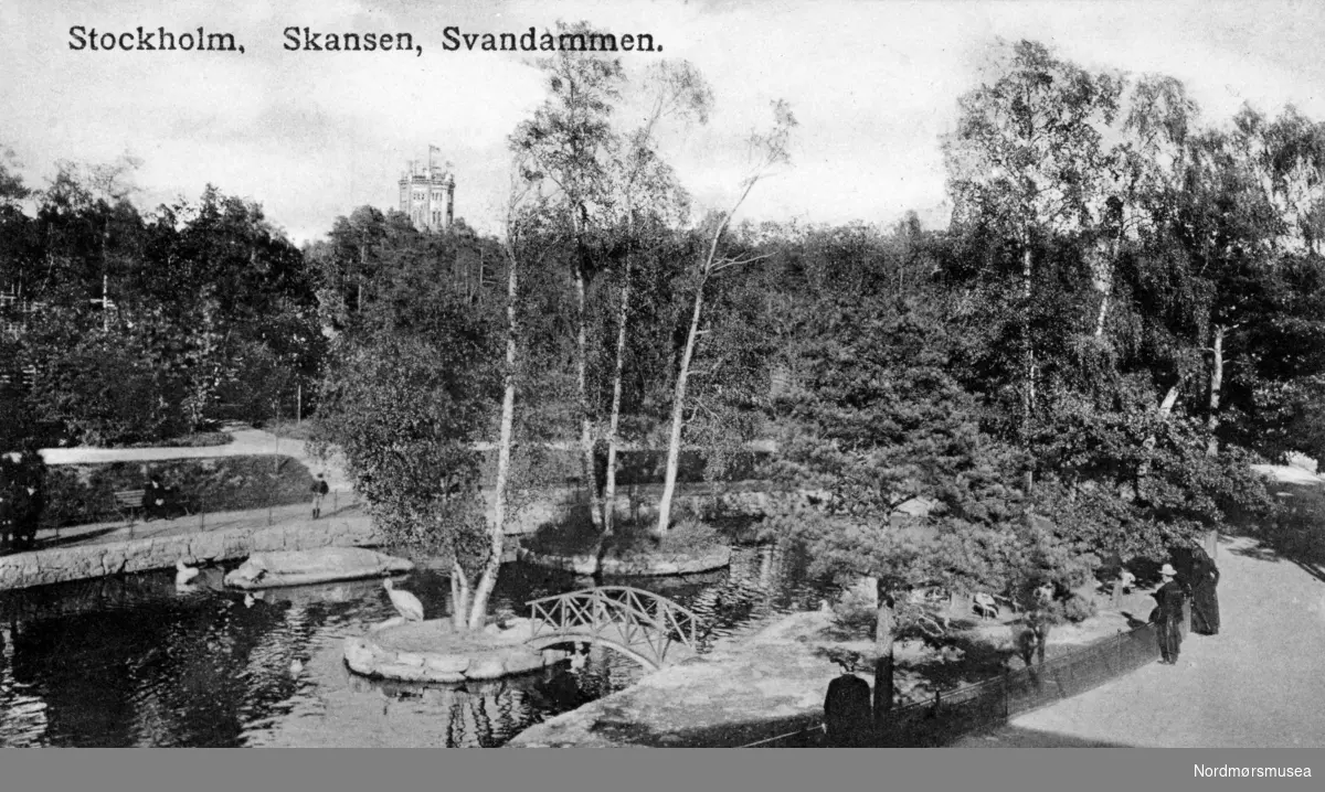 Foto fra "Svandammen" på Skansen i Stockholm, Sverige. Fra Nordmøre museums fotosamlinger.