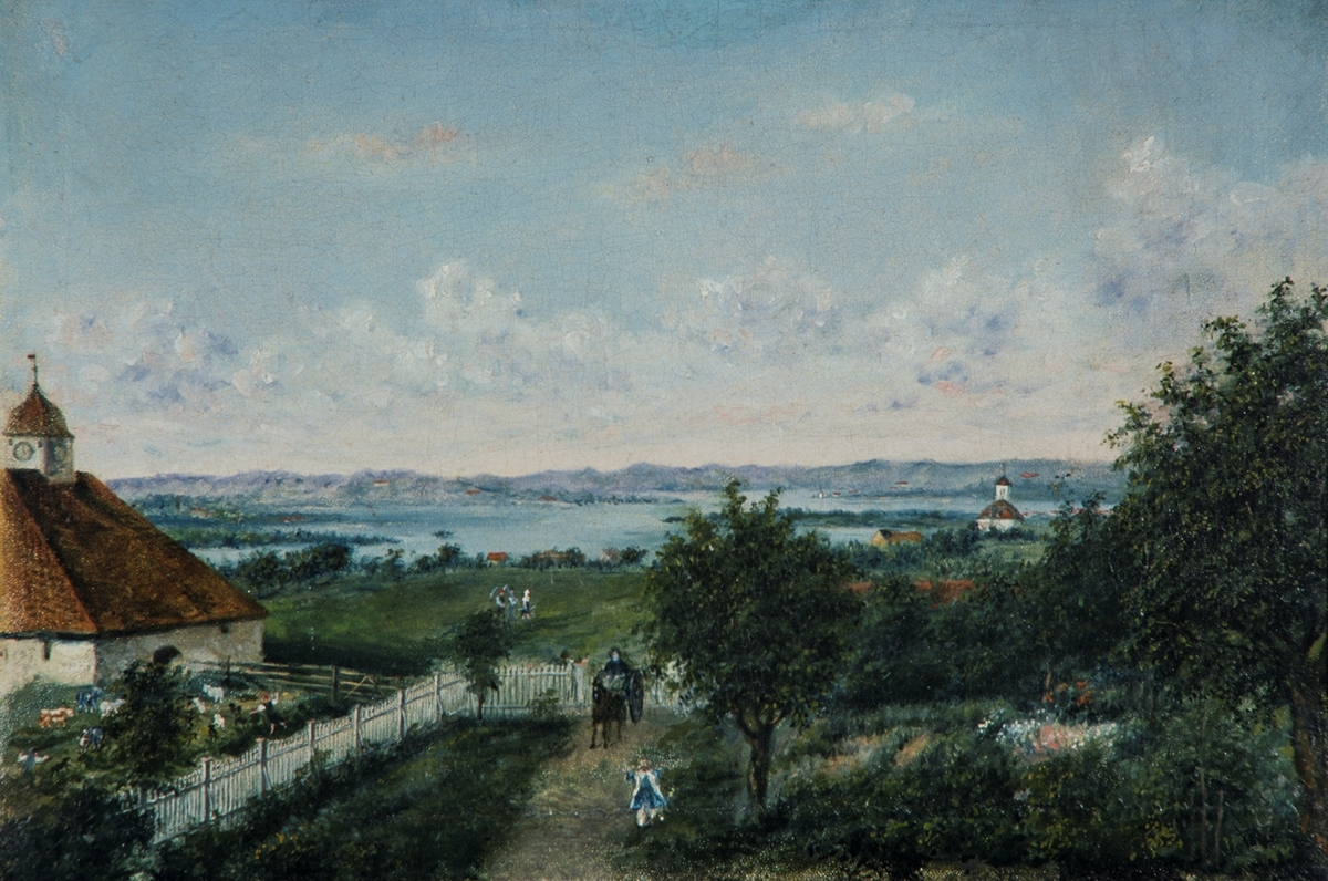Maleri av Mathias Stoltenberg. (født 1799, død 1871)
Torshov mot Vang kirke, Åkersvika, Mjøsa, landskap.