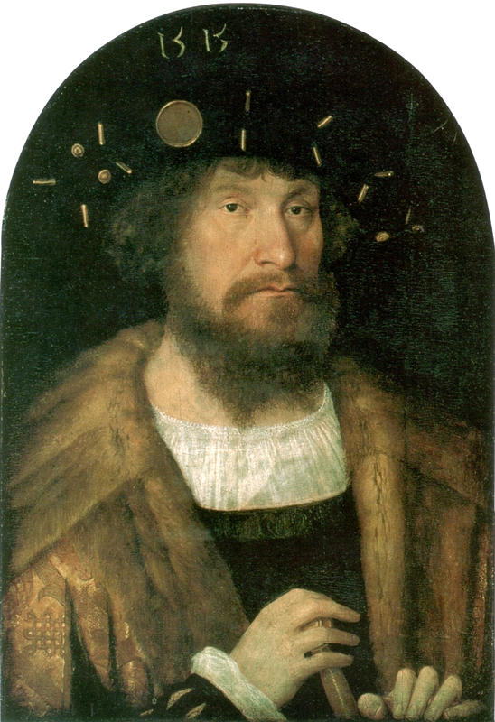 Malt portrett av kong Christian II, med skjegg og hatt og gyllen kappe.