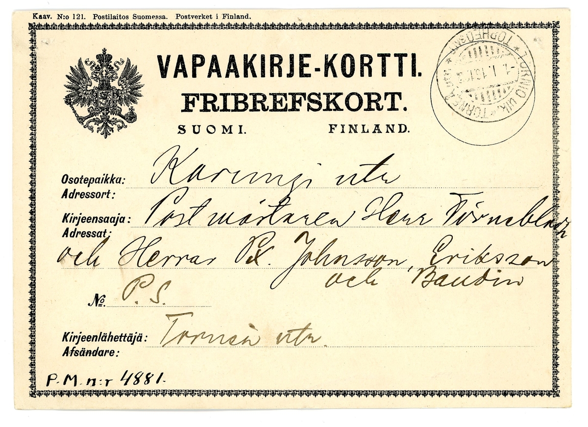 Fribrevskort skickat från postanstalten Torneå Utr till postanstalten karungi Utr. Inbjudan till fest.