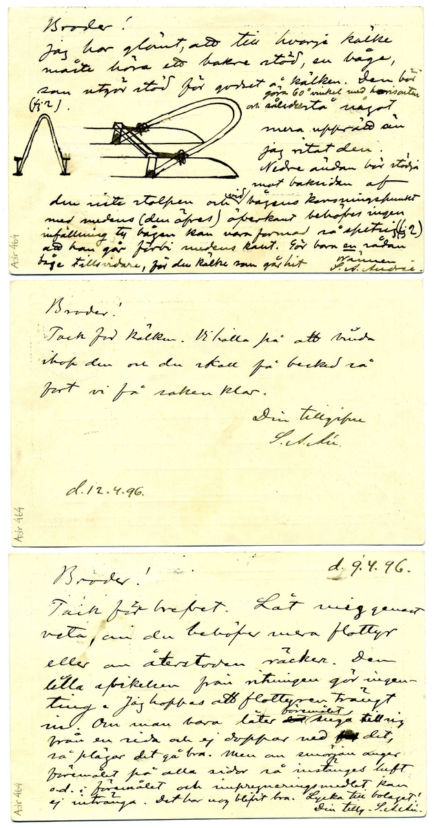 Tre brevkort daterade (mars), 9.4.96 samt 12.4.96 med poststämpel Stockholm, till Herr Ingeniör C Björkman vid vagnfabriken i Gränna.