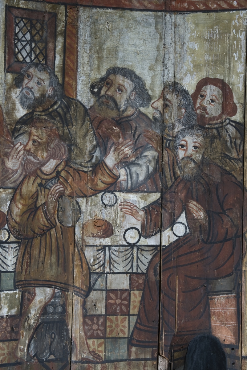 Judas med pengepungen. Detalj av nattverdsmotiv - Jesu siste måltid med disiplene. Veggmalerier med religiøse motiver, datert 1652, fra apsis i Gol stavkirke på Norsk Folkemuseum.