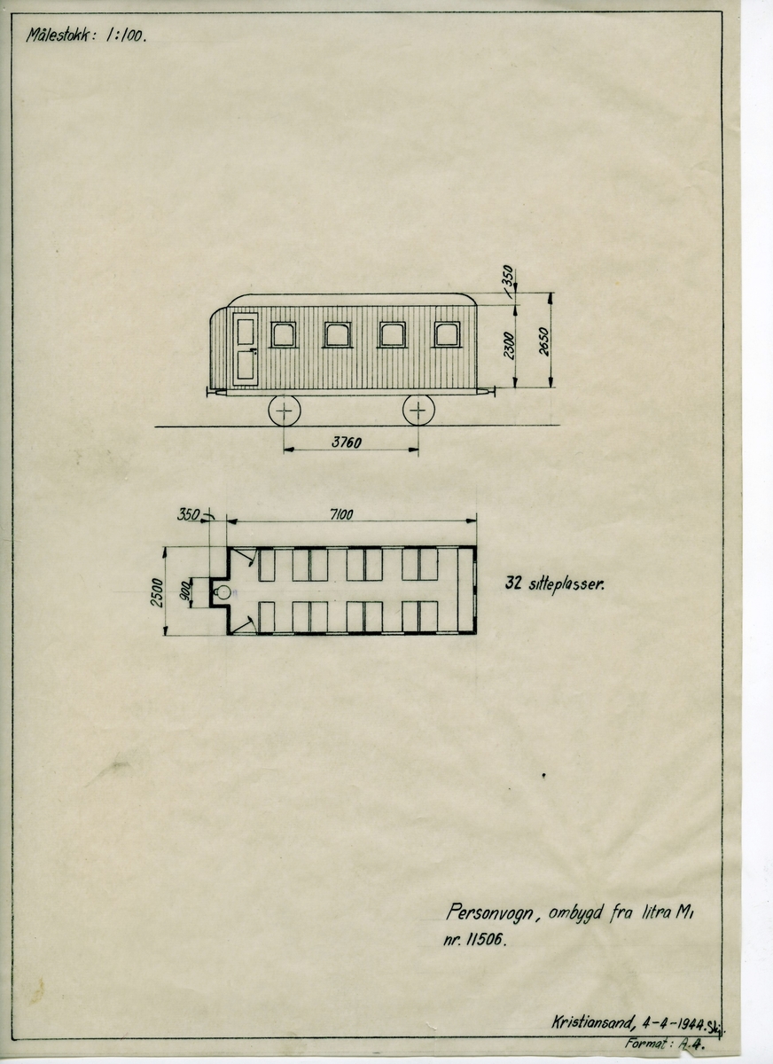 Hovedtegning, personvogn, ombygd fra litra M1 nr 11506. Målestokk 1:100
Origingaltegning på kalkerpapir.