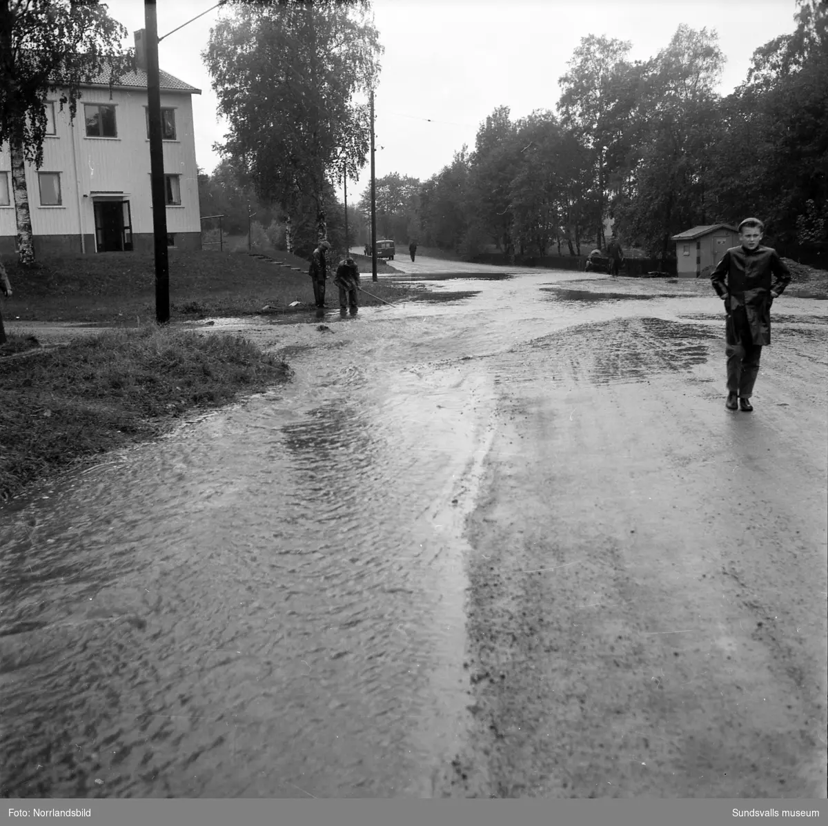 Översvämningar i Sundsvall, de flesta bilderna från Björneborgsgatan 11-24 samt Grevenbäcken som svämmat över. Wahlströms självköp och Städernas Vakt AB har råkat illa ut och källarvåningarna i flerfamiljshusen är drabbade. Vid Aluminiumkompaniet har en översvämmad bäck skurit av landsvägen och bildat ett vattenfall. På en av bilderna ses fyra män leta efter en avloppstrumma i Grevebäcken stånde dels i en båt och dels på en omkullvräkt arbetarkur. Det är förman Jonsson, E. Forsberg, G. Persson och A. Söderman.