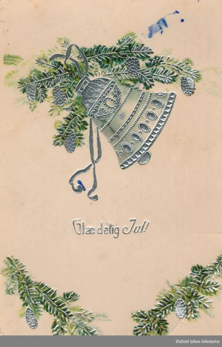 Julekort. Tegning. Motiv juledekorasjon. Poststempla 1917.