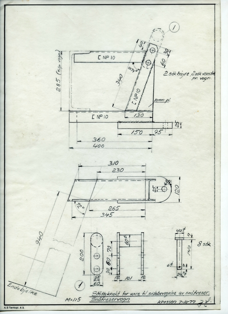 Håndtegnet arbeidstegning for støtteknekt for wire til sidebevegelser av snøfreser. Utarbeidet Krossen 7.10.1977.