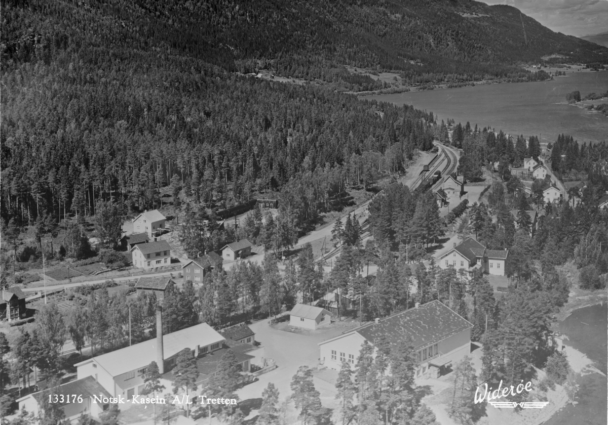 Norsk Kasein A/L, Vestsida,Tretten, Øyer, 16.07.1959, bolighus, jernbanelinje, Lågen, barskog, grunnlag for postkort